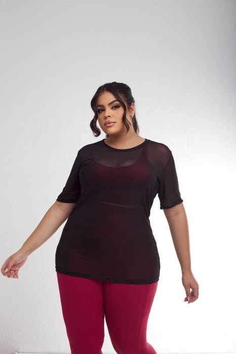 Blusa Fitness Plus Size Tule Preta Academia Feminina