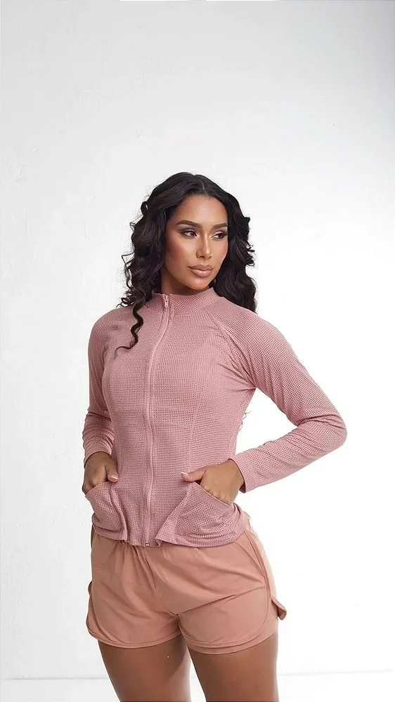 Casaco Fitness Feminina Dry Fit com Zíper Manga Longa