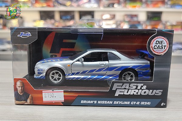 Miniatura Nissan Skyline 2002 - Prata e Azul - Velozes e Furiosos - Jada Toys - Escala 1/32