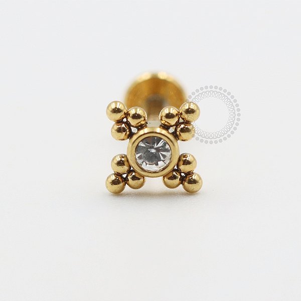 PVD70 Labret CZ Esferas 4 Cantos Aço PVD Gold