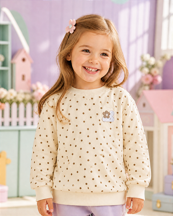Blusão Infantil Moletom Creme Poá com Laço