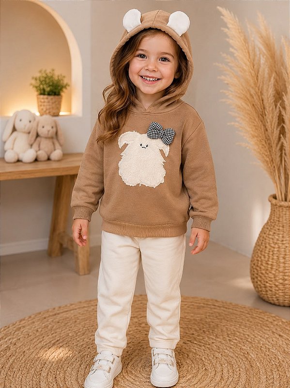 Blusão Infantil Canguru Marron com Capuz Coelhinho