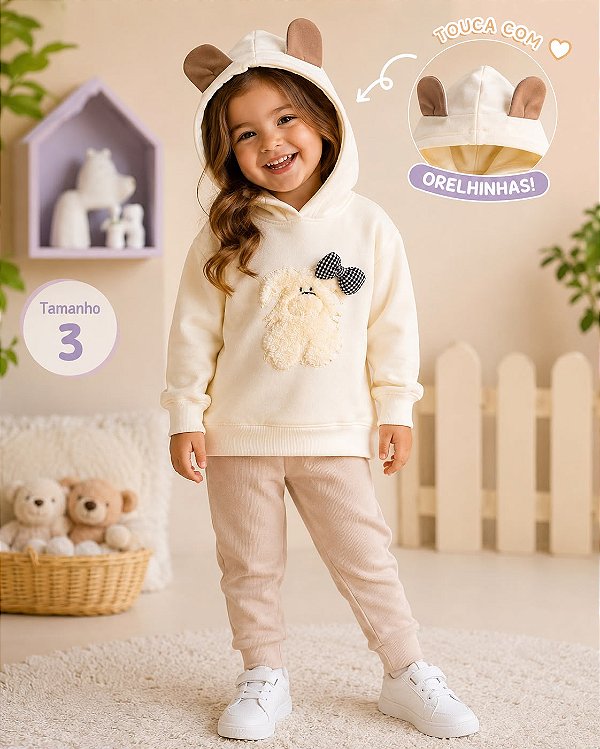 Blusão Infantil Canguru Creme com Capuz