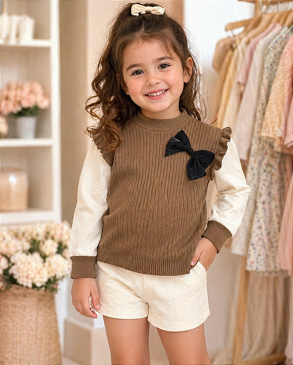Blusa Infantil Tricot Marrom com Laço Preto