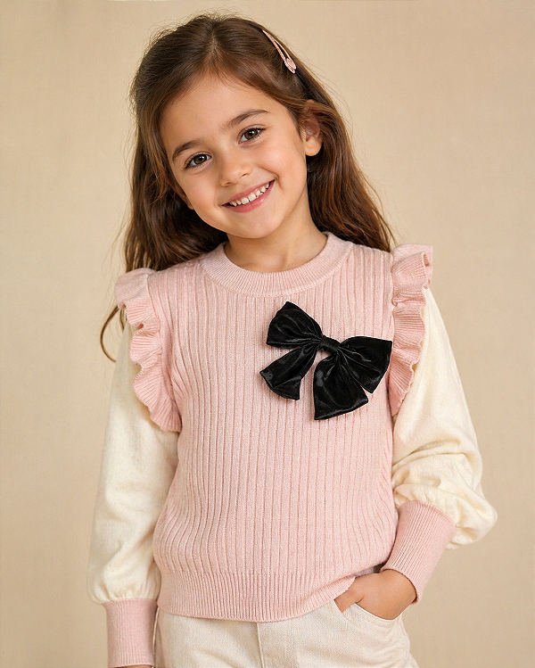 Blusa Infantil Tricot Rosê com Laço Preto