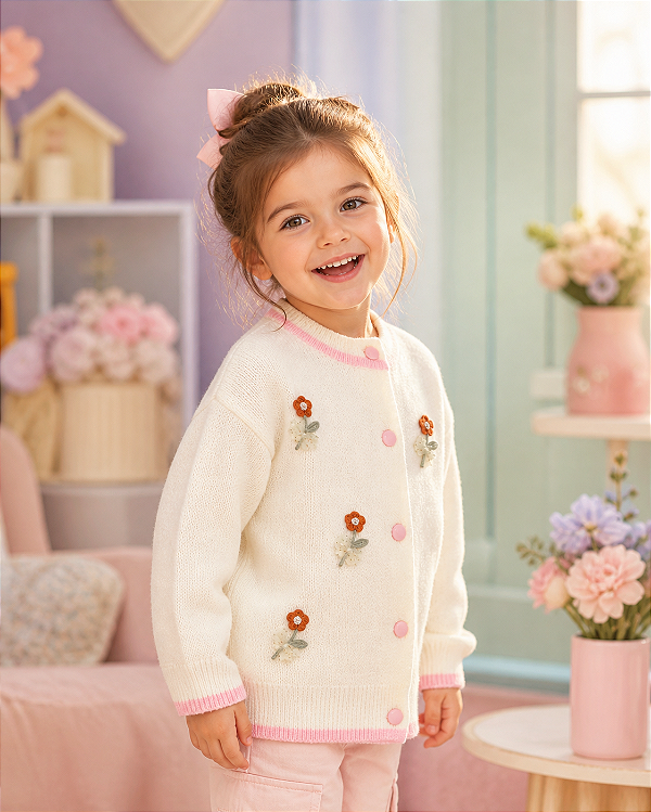 Casaquinho Infantil Tricot Creme com Flores Bordadas