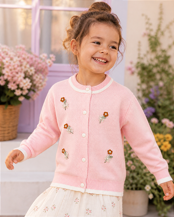 Casaquinho Infantil Tricot Rosa com Flores Bordadas