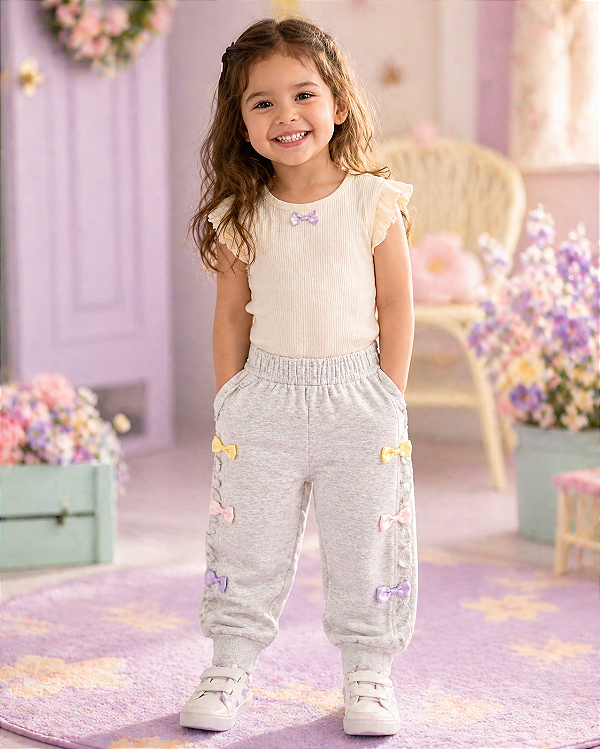 Calça Infantil Moletom Cinza com Laços Coloridos