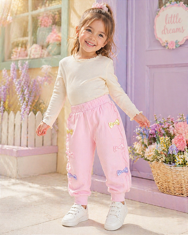 Calça Infantil Moletom Rosa com Laços Coloridos
