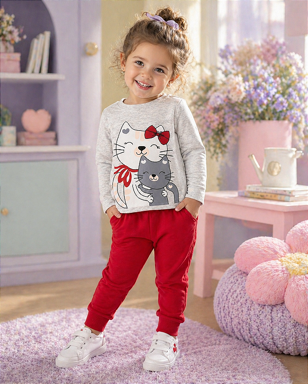 Conjunto Infantil Moletom Gatinhos Vermelho