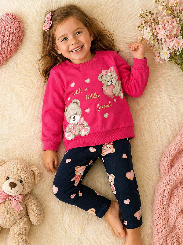 Conjunto Infantil Moletom Rosa Ursinho com Legging