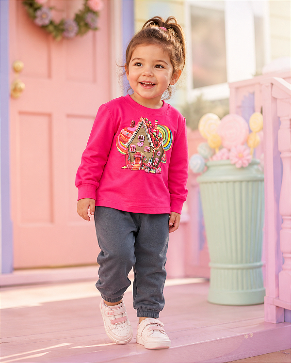 Conjunto Infantil Moletom Rosa Casinha de Doces