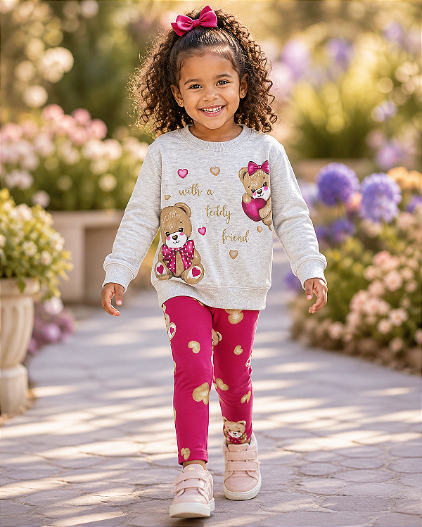 Conjunto Infantil Moletom Ursinho com Legging Pink