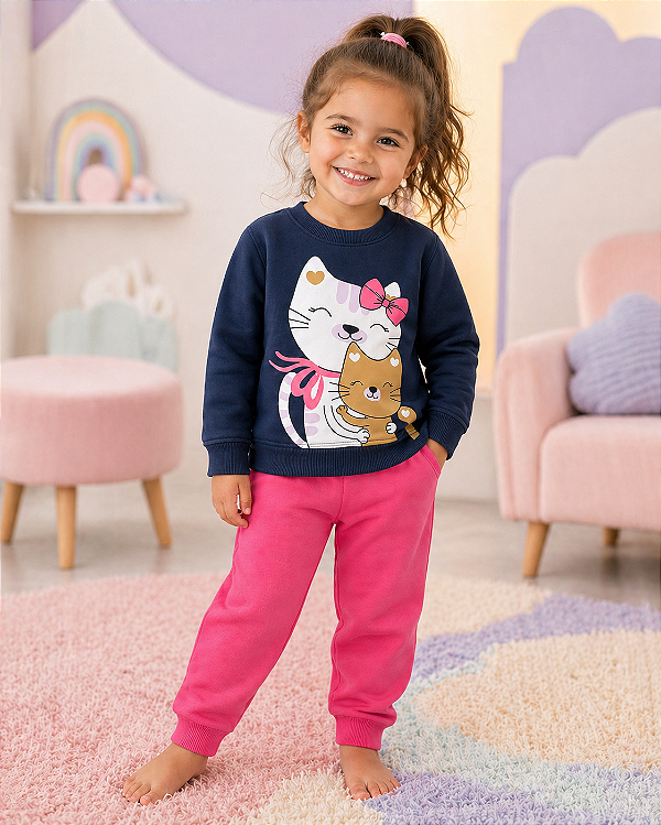 Conjunto Infantil Gatinhos Azul Marinho e Pink