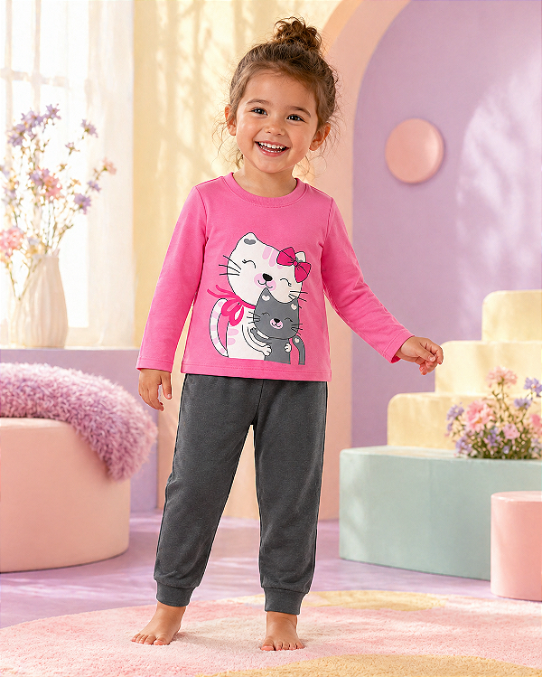 Conjunto Infantil Gatinho Rosa e Cinza