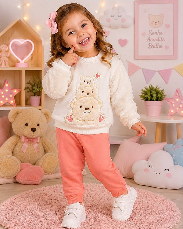 Conjunto Infantil Kyly Urso Bege e Rosa