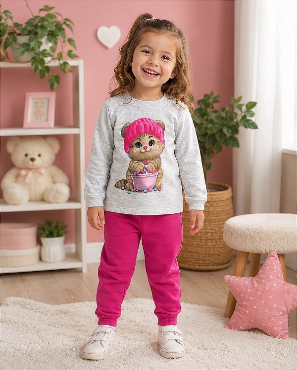 Conjunto Infantil Kyly Moletom Gatinha Rosa