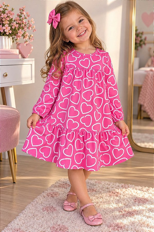 Vestido Bebê Feminino Corações Rosas
