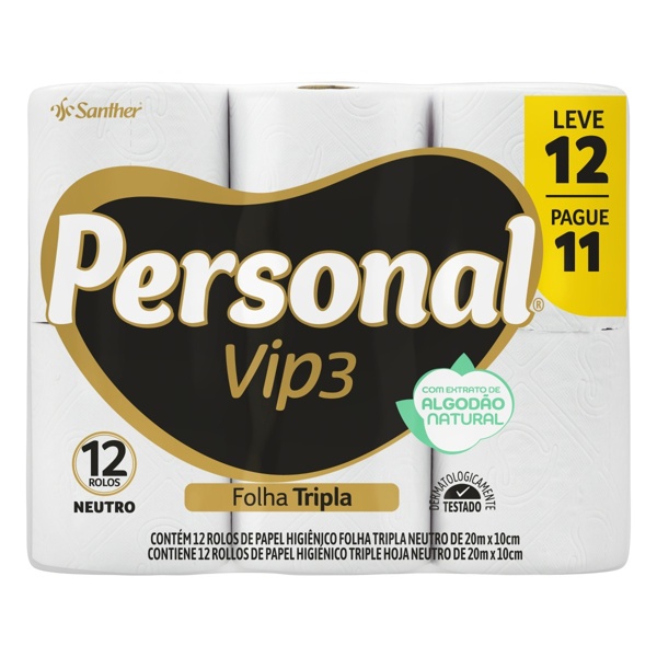 PAPEL HIGIÊNICO PERSONAL FOLHA TRIPLA 20M – LEVE 12 PAGUE 11 MACIEZ E RESISTÊNCIA SANTHER