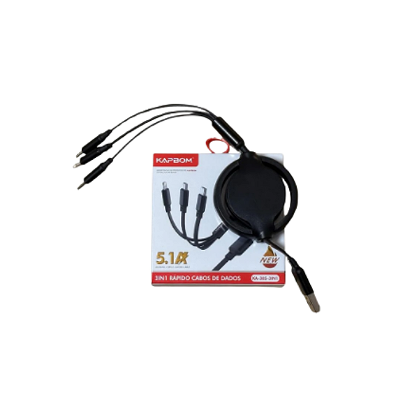 Cabo Carregador 3 Em 1 Retrátil USB iPhone Tipo C Micro