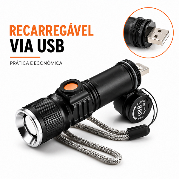 Lanterna LED Branca Potente Recarregável com Zoom Ajustável