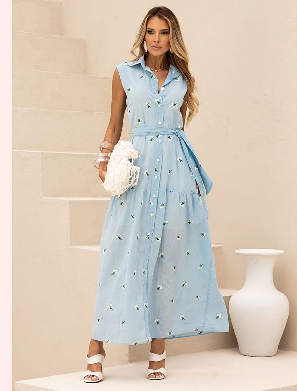 Vestido Super Midi Sofia com tronco alongado Voil Bordado