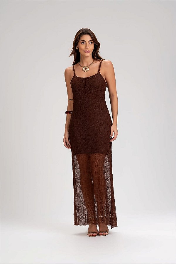 Vestido super Midi de renda com alça trançada