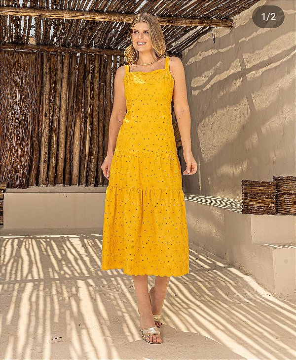 Vestido Midi em laise com tronco alongado