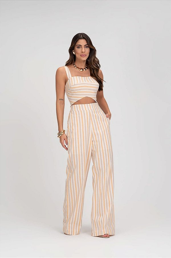 Calça pantalona com listras