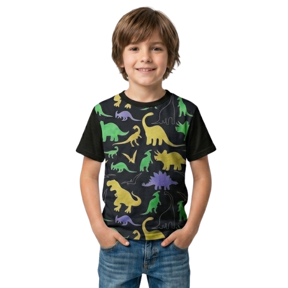 Camiseta Infantil Menino Estampa Dinossauros Silhuetas Coloridas
