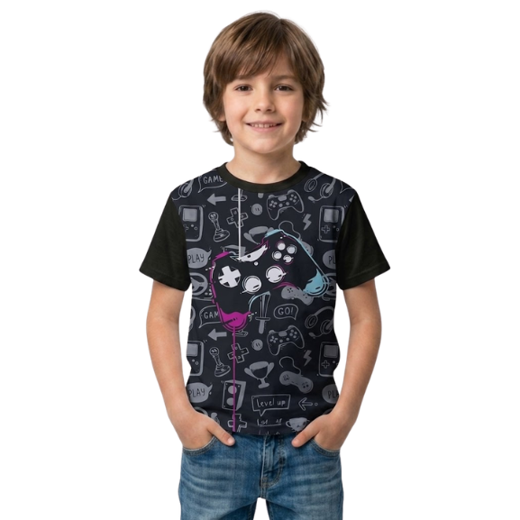 Camiseta Infantil Menino Estampa Gamer Controle Preto