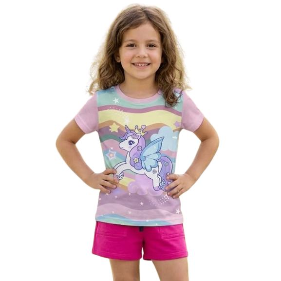 Camiseta Infantil Menina Unicórnio com Asas e Fundo Ondas