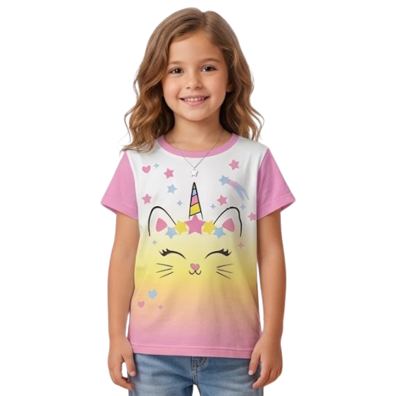 Camiseta Infantil Menina Estampa Gaticórnio Degradê Pastel