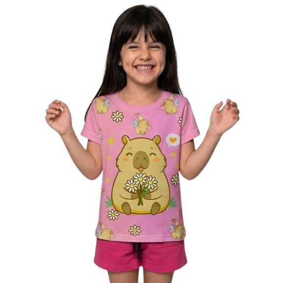 Camiseta Infantil Menina Estampa Capivara com Flores Margaridas