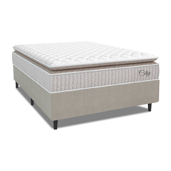 Cama Box Colchão Casal Molas Ensacadas City Pillow Top 138x188x61cm Branco / Bege Hellen - Suporta Até 110kg Por Pessoa