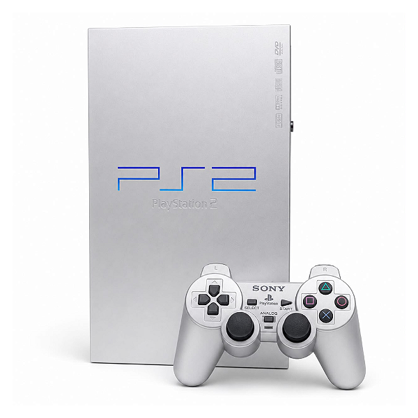 PlayStation 2 Fat Silver SCPH-39000 S Na Caixa Original – Console para Colecionador + 1 Controle (Semi - Novo)