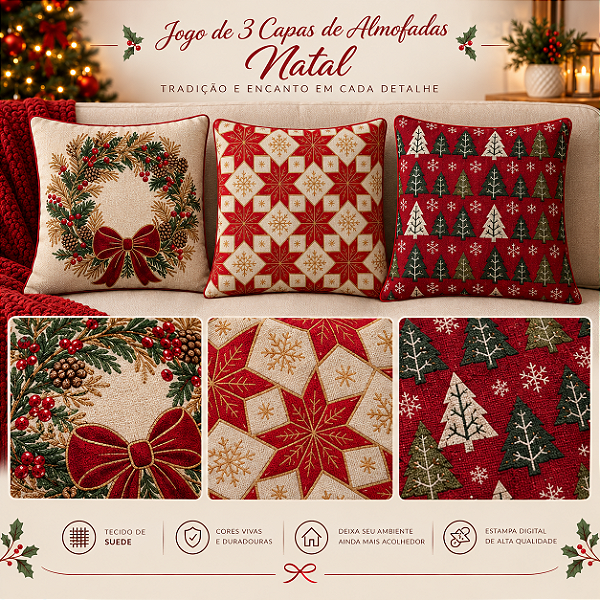 Kit 3 Capas de Almofadas Natal 40x40 cm