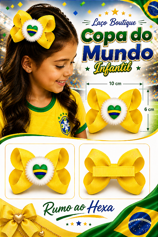 Laço de Cabelo Boutique Copa do Mundo Infantil Brasil Amarelo 10cm Presilha Bico de Pato