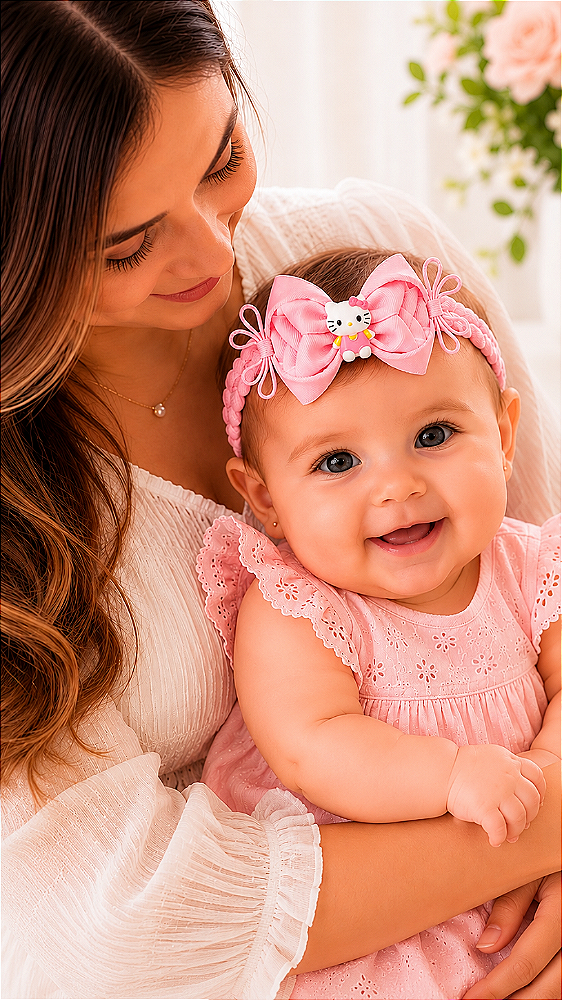 Faixinha de Bebê em Meia de Seda Trançada com Laço Amora Invertido Rosa