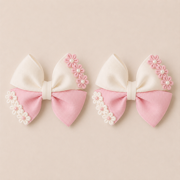 Laço Infantil Grande Off White e Rosa Claro Candy Color | Bico de Pato Encapado