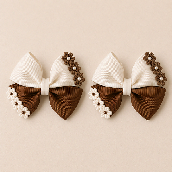 Laço Infantil Off White e Marrom Minimalista Bico de Pato Encapado com Borrachinha Antiderrapante