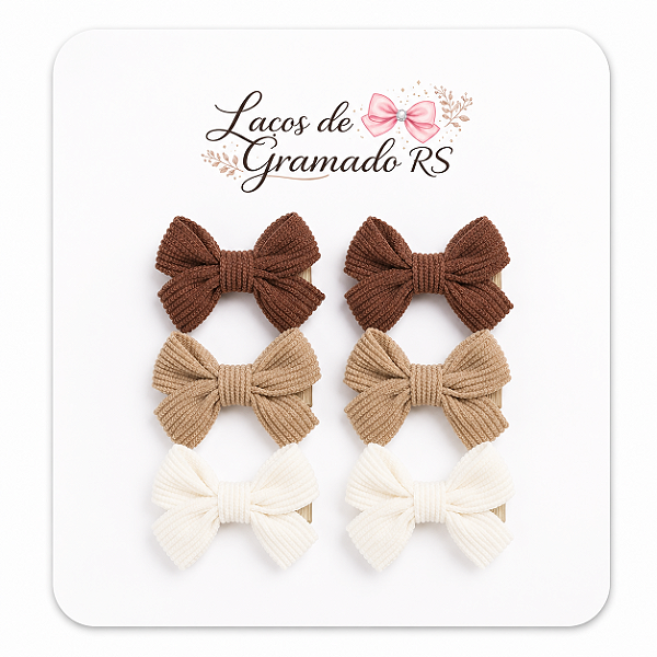 Kit 3 Pares Laços Baby Veludados Branco Nude e Marrom Inverno