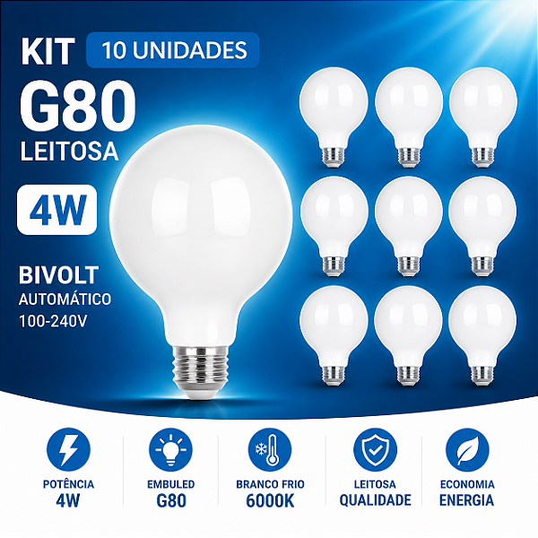 Kit 10 Lâmpadas LED Globo G80 4W Branco Frio