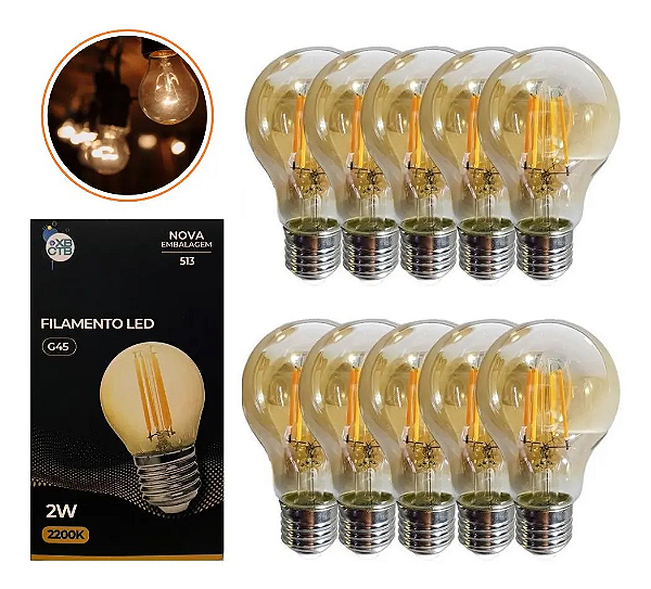 Kit 10 Lampadas Bolinha Filamento G45 Led Retro 2w E27 Branco Quente 2200K Ambar C