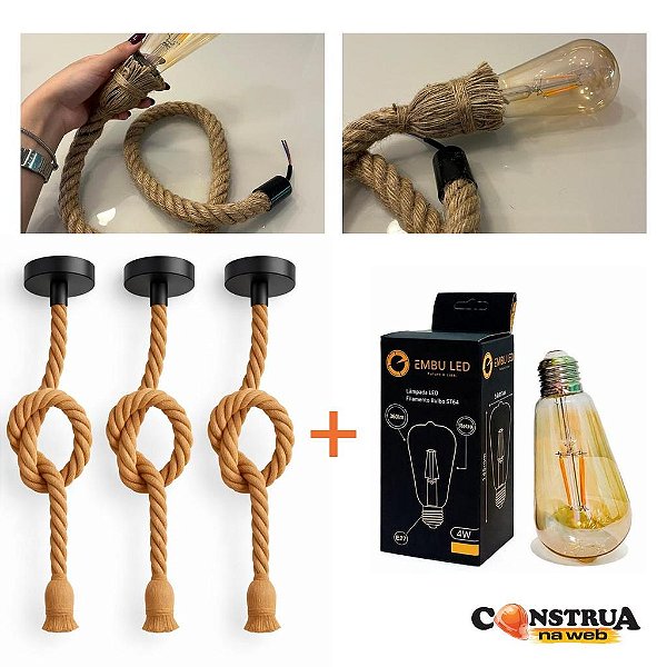 3 Pendentes Cordas Bege Retrô Bivolt + 3 Lâmpadas