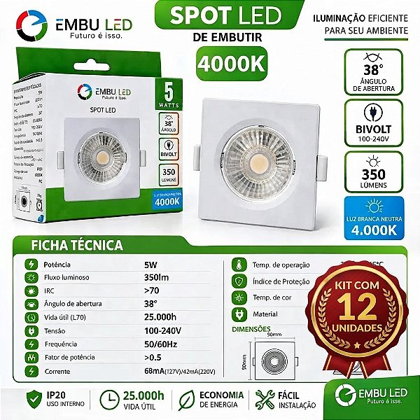 Kit 12 Spot Led Embutir Quadrado Mr16 5w Embuled Branco Neutro 4000K Bivolt