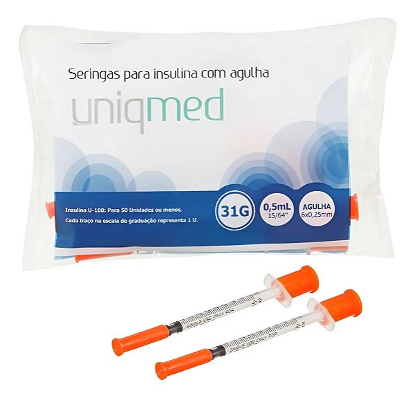 Seringa Insulina 0,5ml Agulha Fixa 6x0,25mm 31G Polybag c/ 10 Unds - Uniqmed