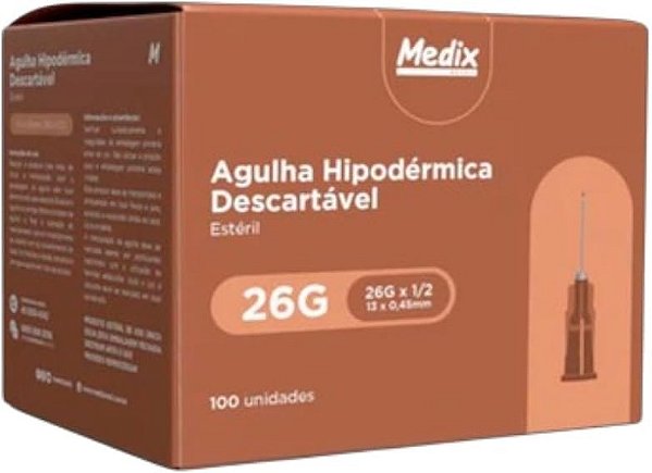 Agulha Hipodérmica 13x0,45mm 26G Marrom Caixa C/100 Unidades - Medix