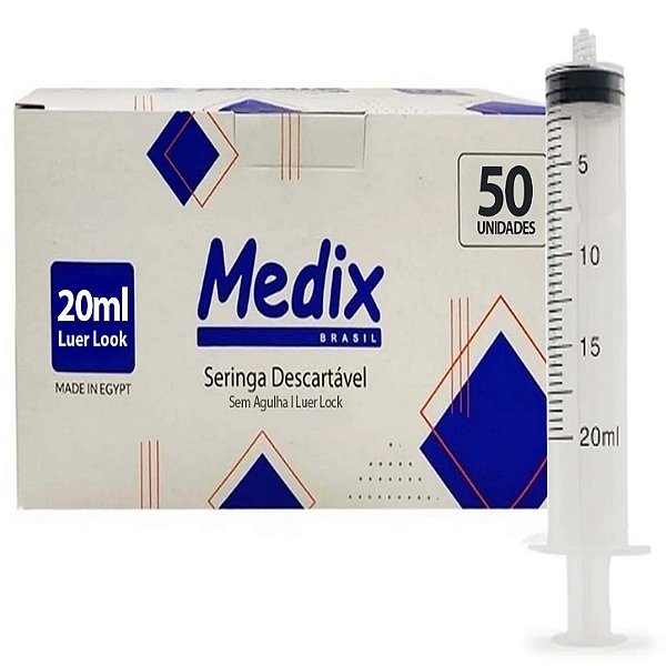Seringa Descartável Sem Agulha 20ml Luer Lock Estéril C/50 unidades - Medix