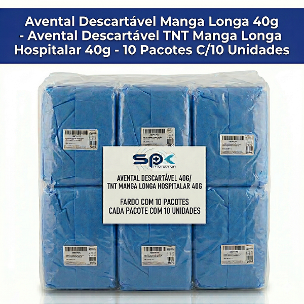 Avental Descartável Tnt Manga Longa Hospitalar 40g - 10 Pacotes C/10 Unidades - Fardo Master